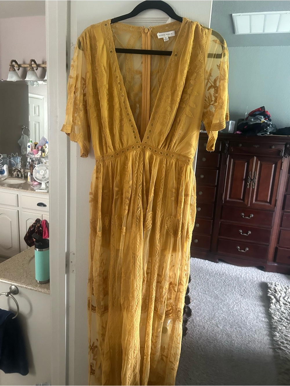 Honey Punch Yellow Lace Maxi Dress (with shorts) - Deep V Floral Detail